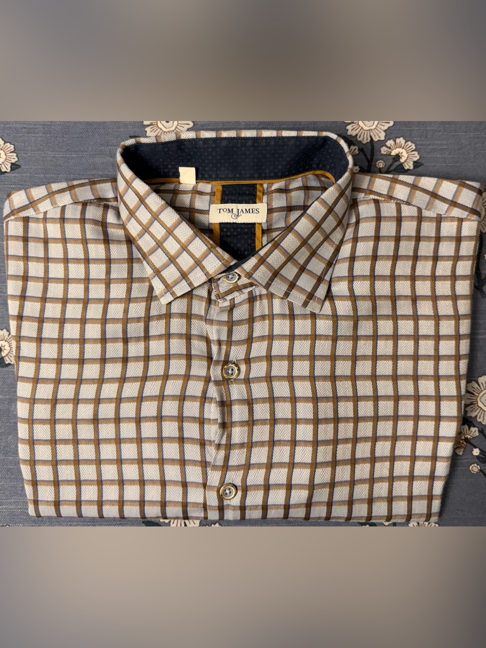 Tom James Custom-Made Dress Shirt – Men’s XL – Brown / Blue Textured Windowpane